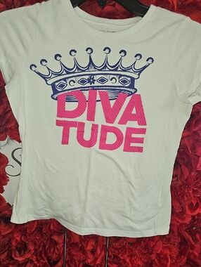Layer 8 White Tee with Pink "DIVATUDE" and Blue Crown